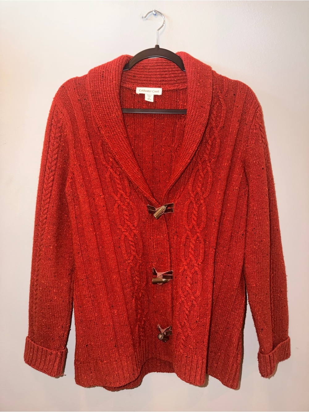 Coldwater Creek Chunky Red Cable Knit Toggle Cardigan Sweater Shawl Collar